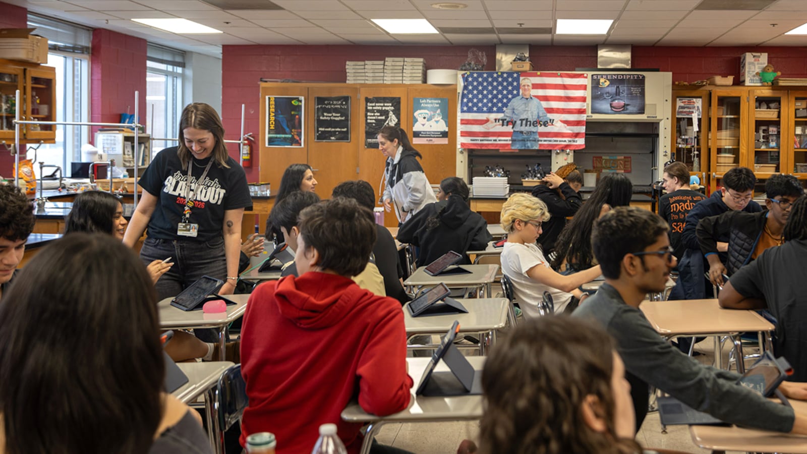 A classroom full of high school students sitting at their desks.