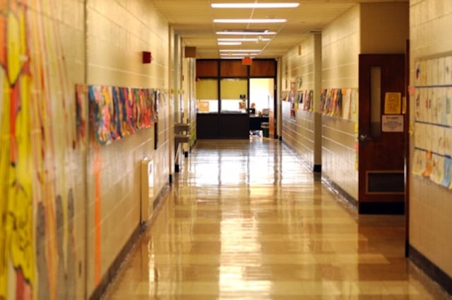 A view of a school hallway.