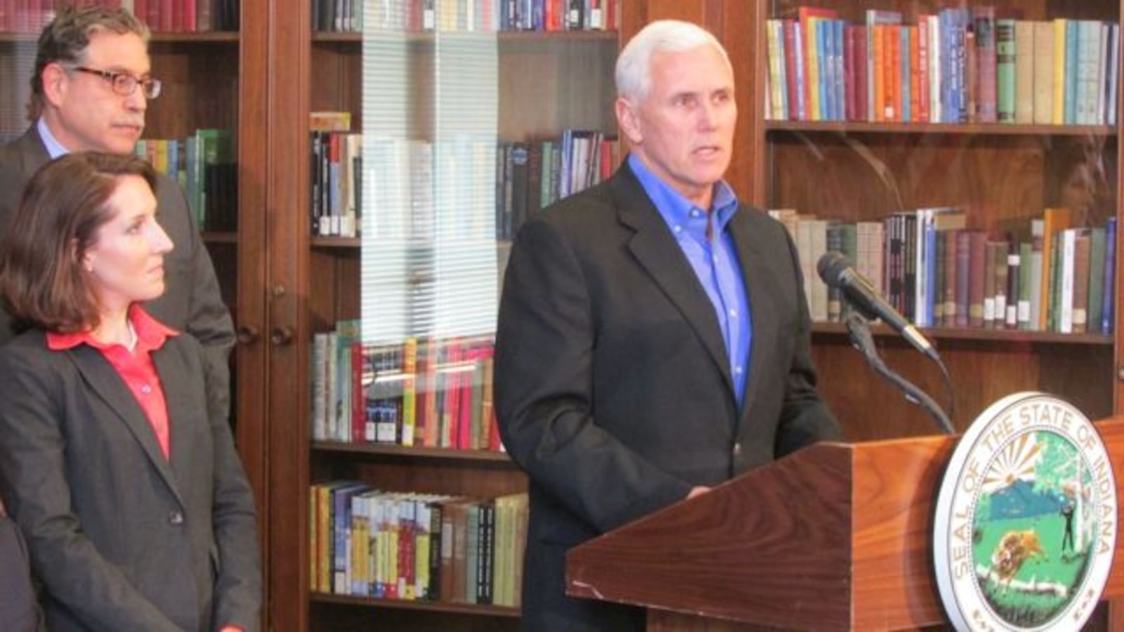 Gov. Mike Pence speaks before signing several education bills today at the Indiana State Library. (Scott Elliott)