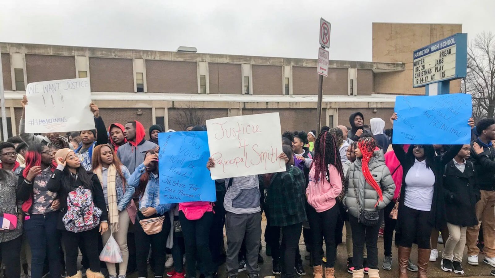 During the protest, students held up signs that read “Justice for Principal Smith” and chanted “We want answers” and “We want Smith.”