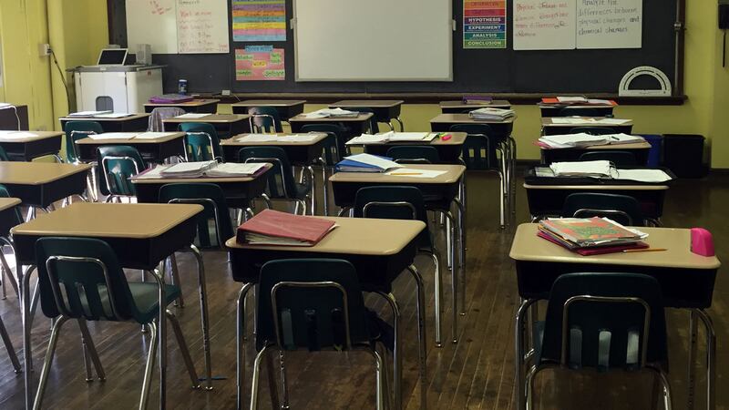 Empty classroom of desks.