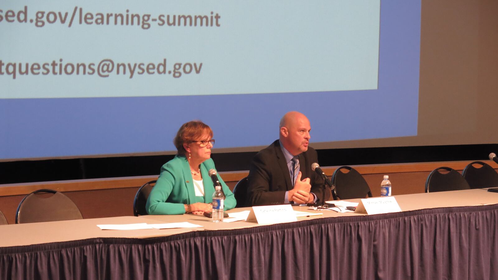 UFT President Michael Mulgrew, right, and NYSUT Vice President Catalina Fortino.