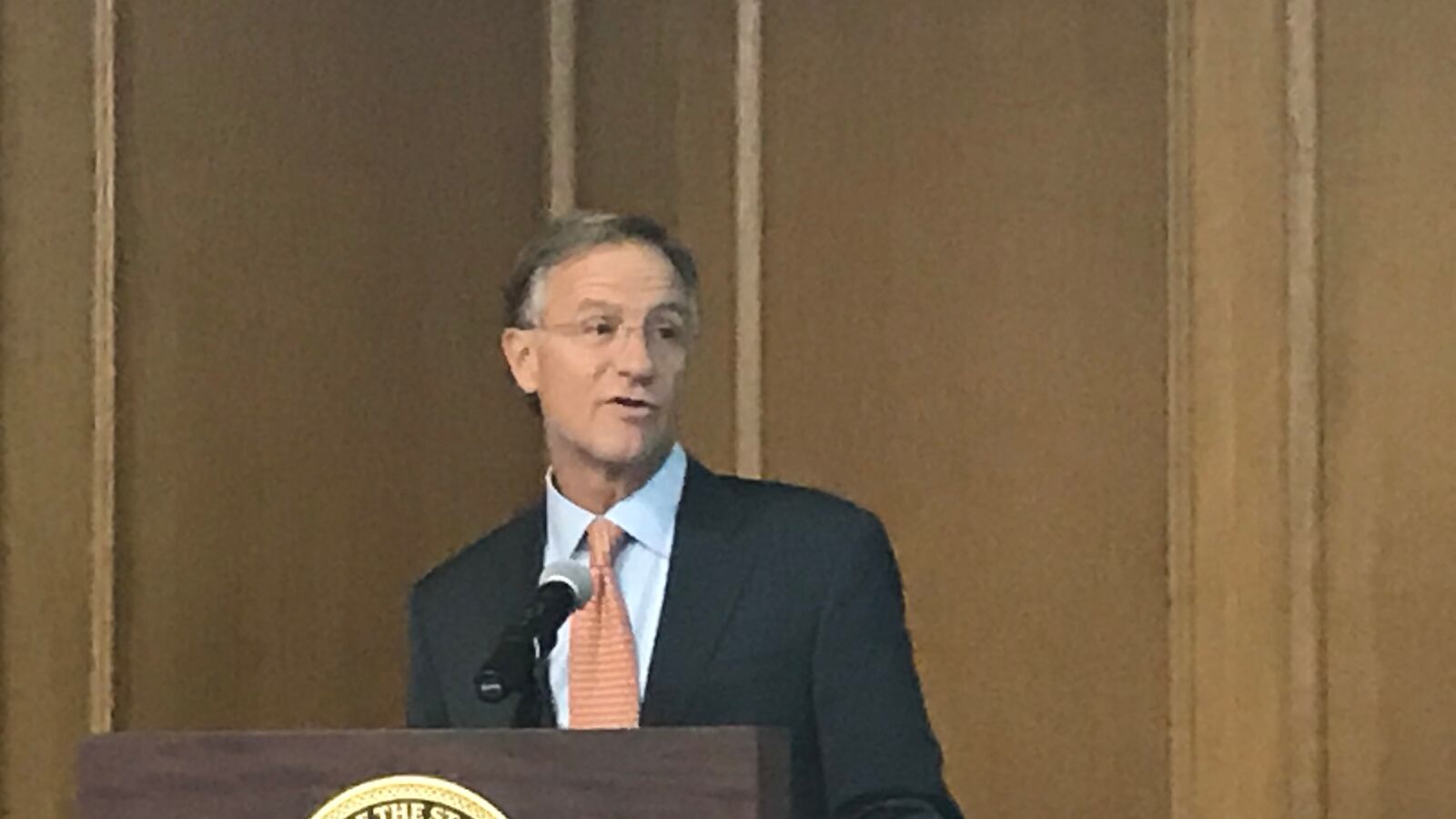Gov. Bill Haslam gives brief remarks to reporters on Monday in advance of his annual State of the State address.