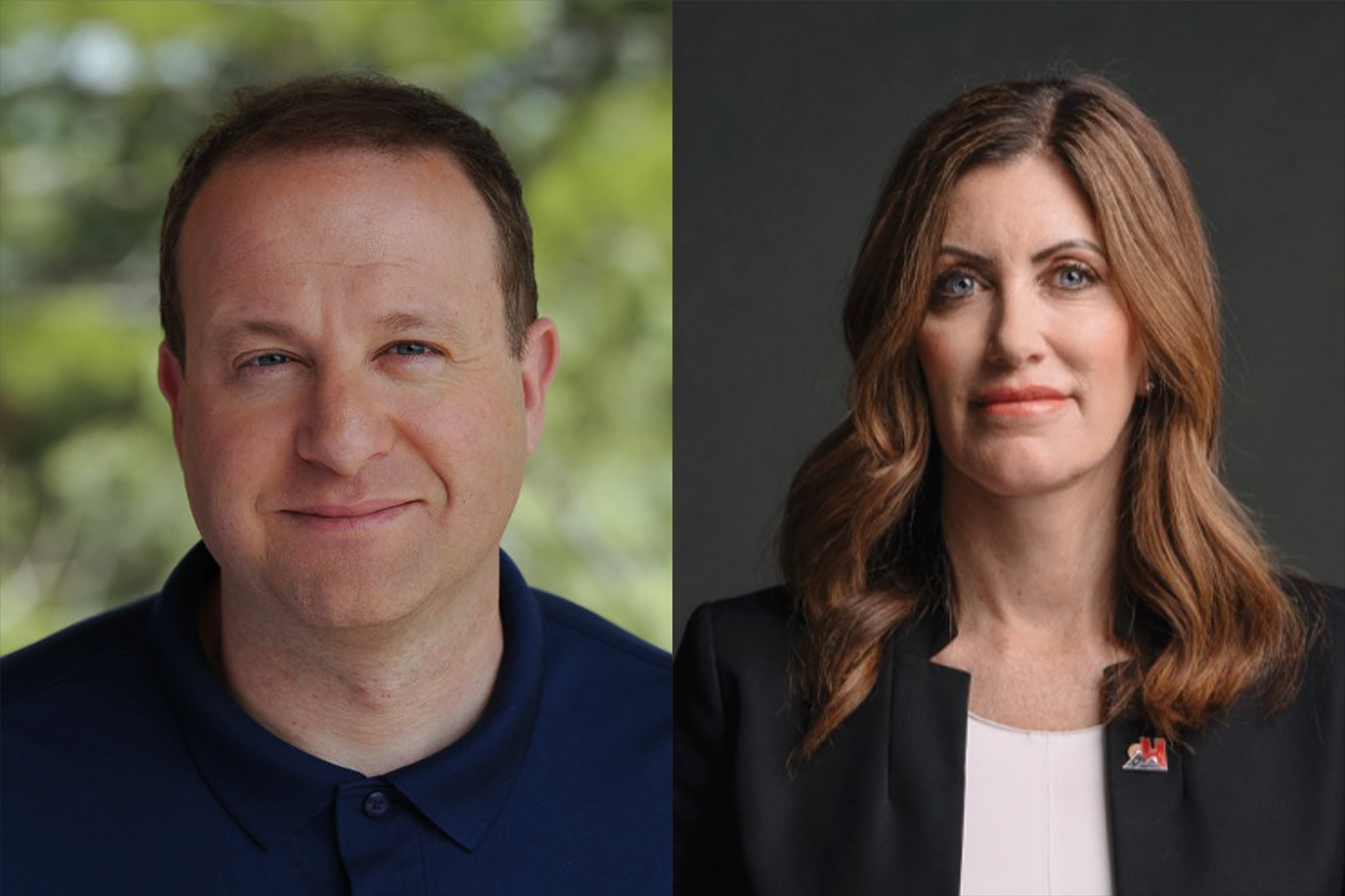 La imagen demuestra dos fotos lado a lado. En la izquierda el Gobernador de Colorado Jared Polis. En la derecha, Heidi Ganahl. / Image shows two portraits side by side. On the left is Colorado Gov. Jared Polis. On the right is CU Regent Heidi Ganahl.