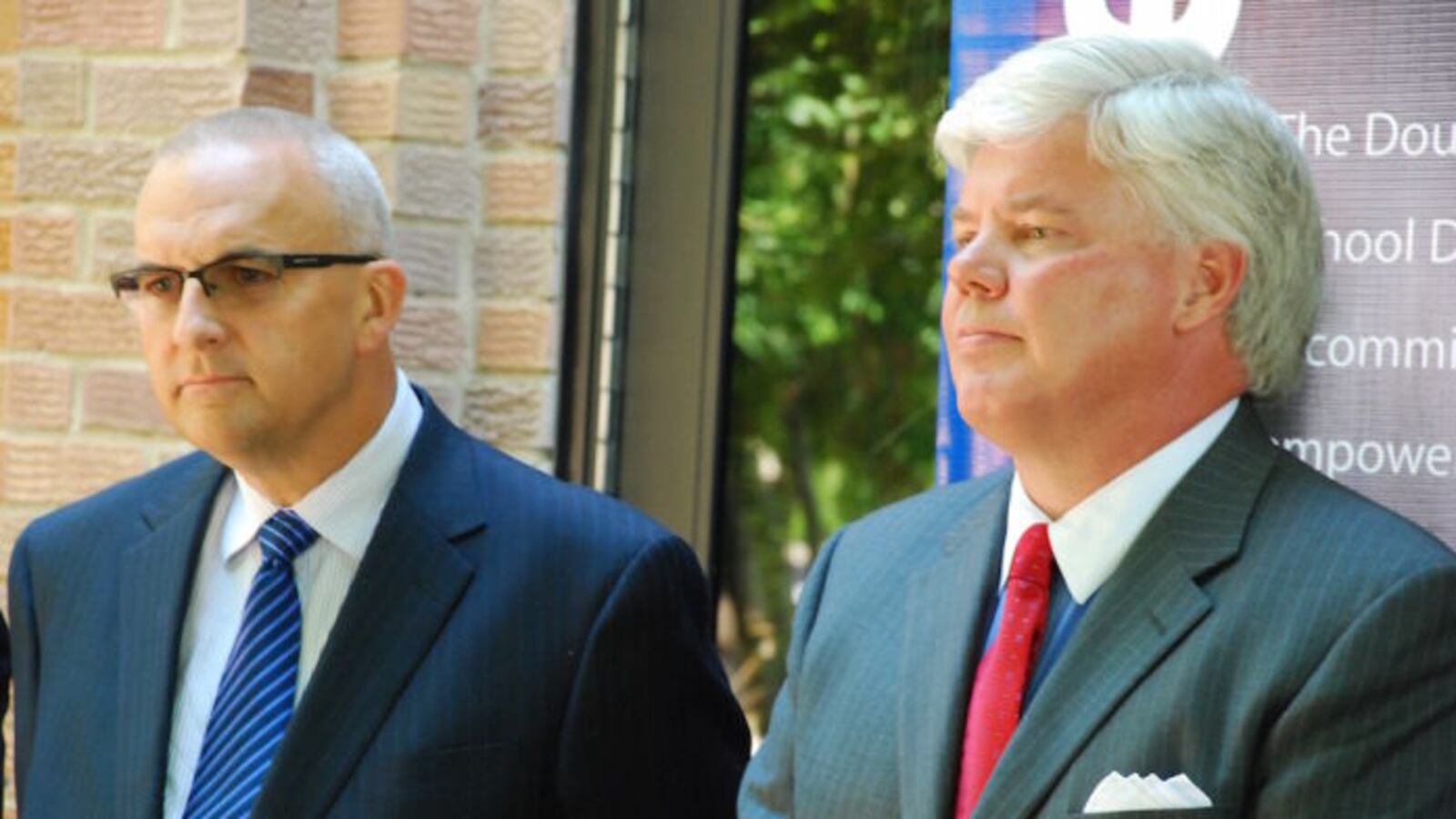 Douglas County school board president Kevin Larsen, left, and board member Craig Richardson. ( Photo by Nicholas Garcia )