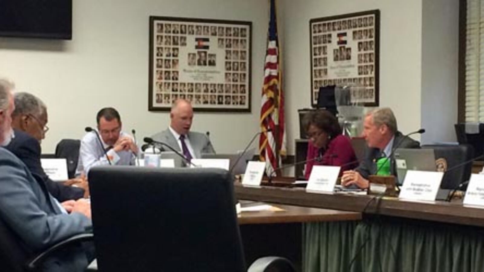 Testing bill sponsors Jim Wilson (left) and John Buckner (second from left) worked through amendments with the House Education Committee Monday.