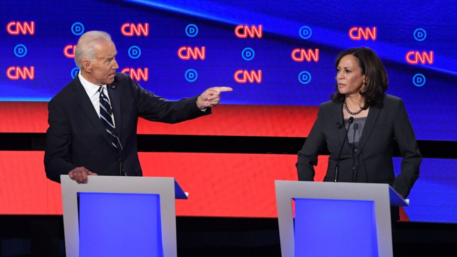 Democratic presidential hopeful Former Vice President Joe Biden (L) gestures toward US Senator from California Kamala Harris during the second round of the second Democratic primary debate of the 2020 presidential campaign season hosted by CNN at the Fox Theatre in Detroit, Michigan on July 31, 2019.