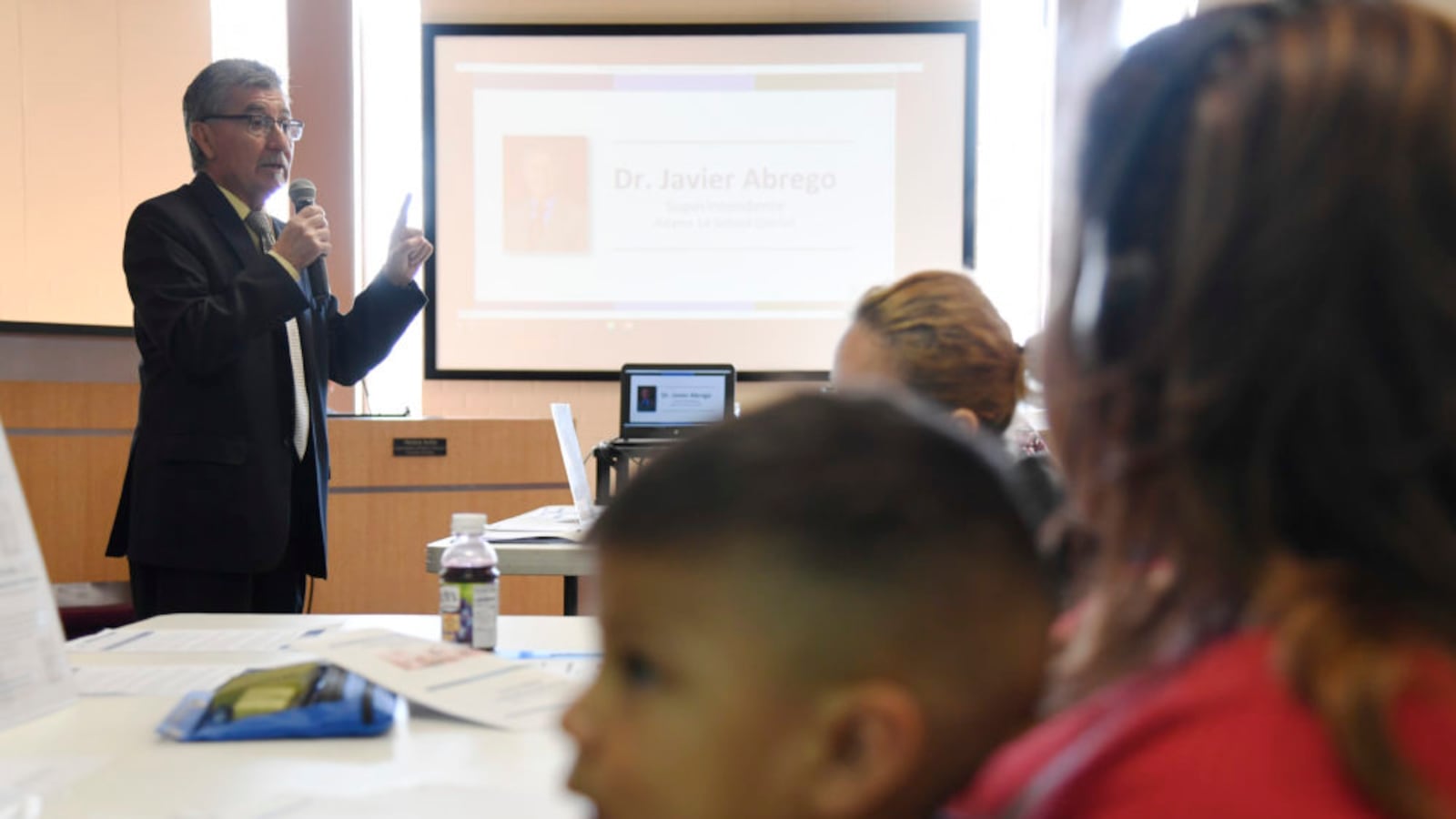 Javier Abrego, superintendent of Adams 14 School District, speaks to parents at a forum April 17, 2018. (Photo by Hyoung Chang/The Denver Post)