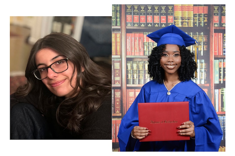 Two photographs side by side, left, is a junior college student wearing a dark sweater and has long dark hair. And the right image is of a Black college student wearing a blue graduation cap and gown and holding a red graduation certificate.