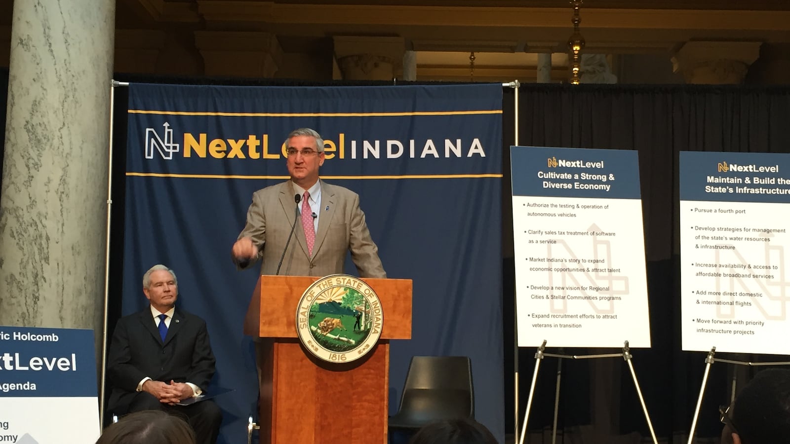 Gov. Holcomb speaks to a crowd at the statehouse to unveil his 2018 legislative priorities.