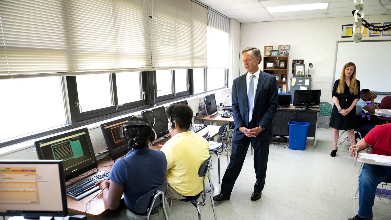 Gov. Bill Haslam visits in May with students in the computer lab at Union City Middle School in northwest Tennessee.
