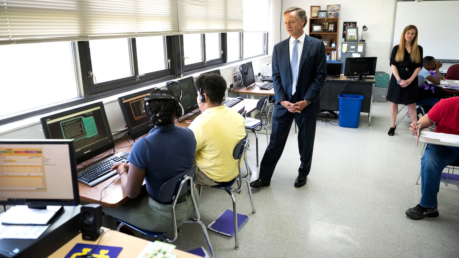 Gov. Bill Haslam visits in May with students in the computer lab at Union City Middle School in northwest Tennessee.