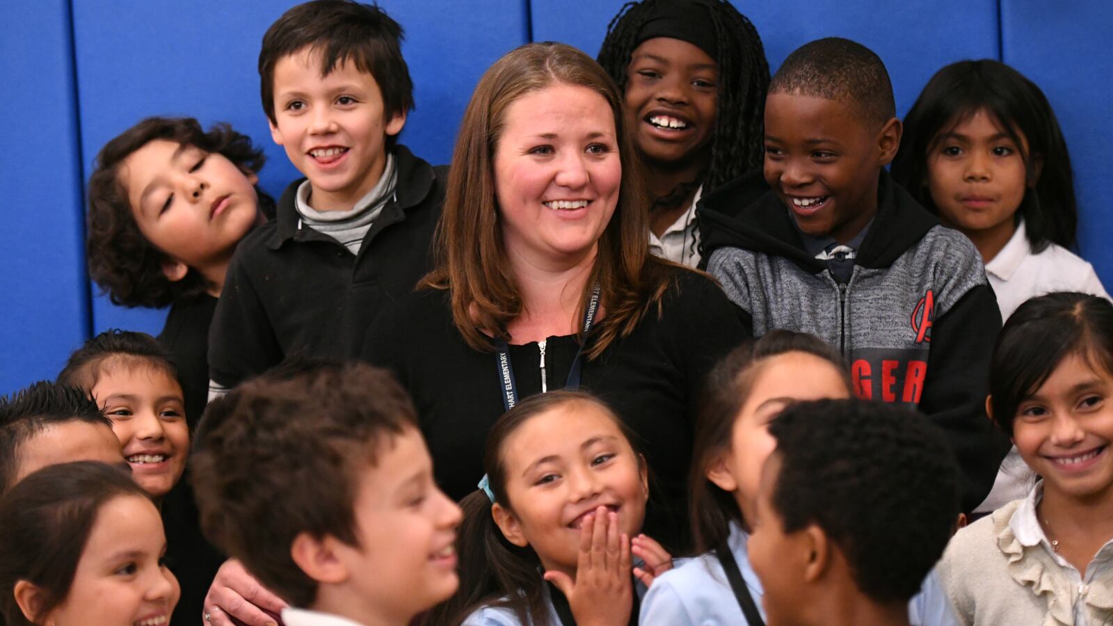 Teacher Jennie Schmaltz surrounded by her students at Elkhart Elementary School. (Photo courtesy of Milken Family Foundation).