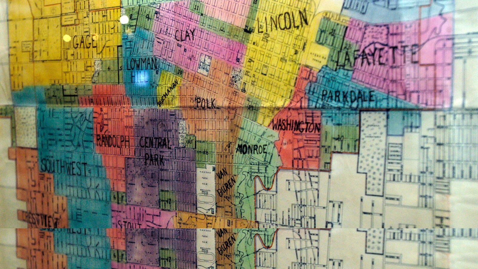 A multicolored map of segregated schools in Topeka, Kansas, 1956.