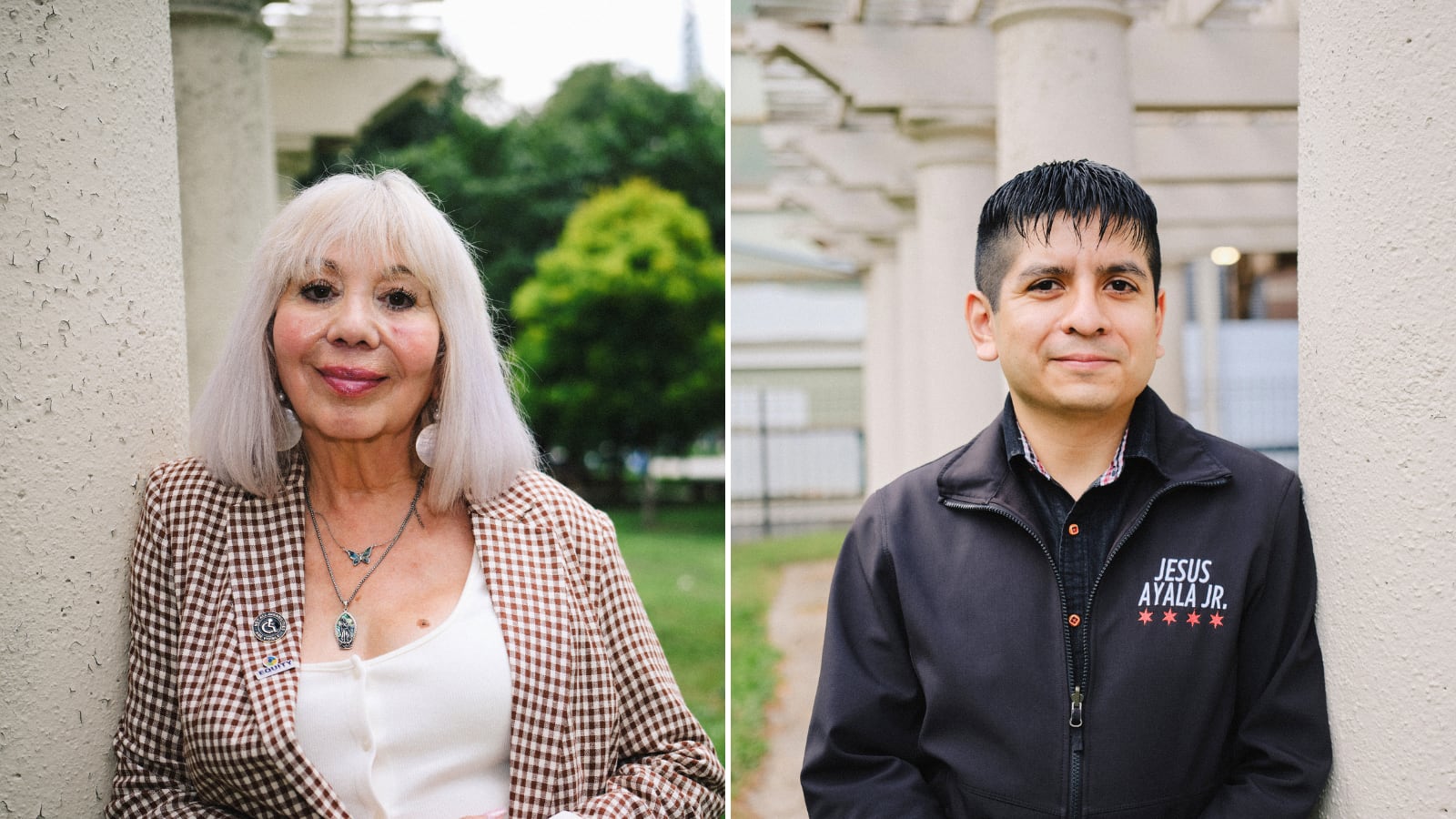 Two photos side by side of one woman and one man looking at the camera posing for a portrait.