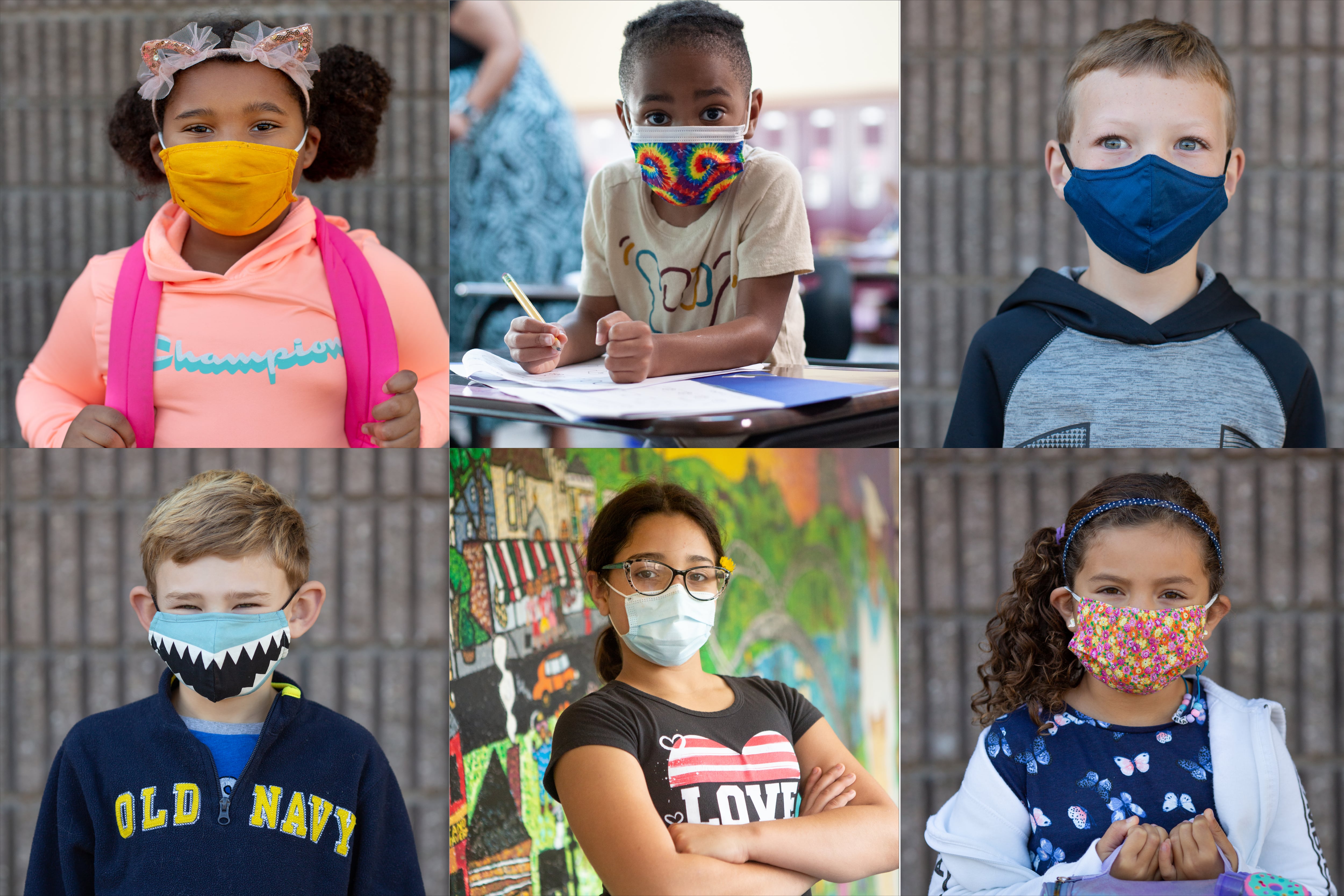 A collage of six portraits of elementary school students, each wearing protective masks.