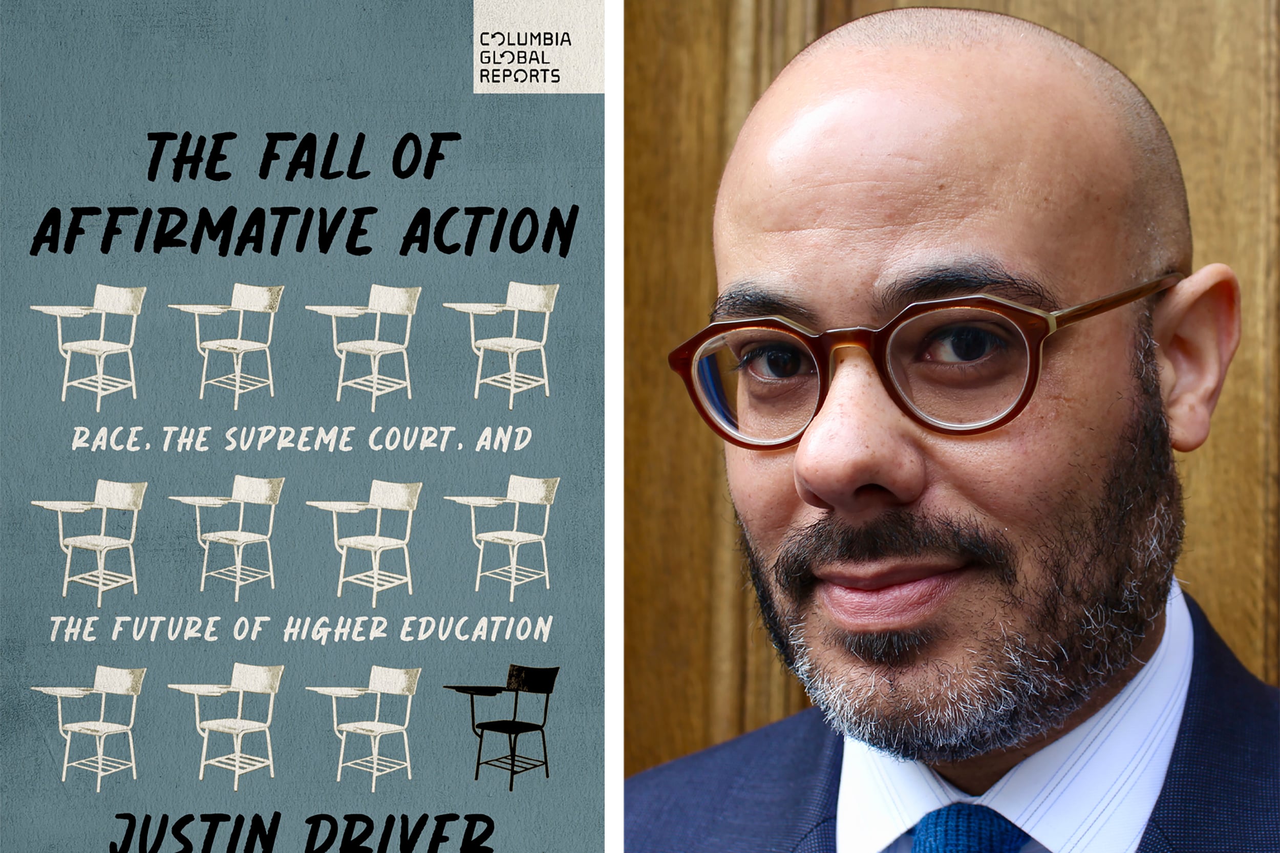 A diptych of a blue, black and white book cover next to a portrait of a man with no hair, wearing glasses and a suit and tie.