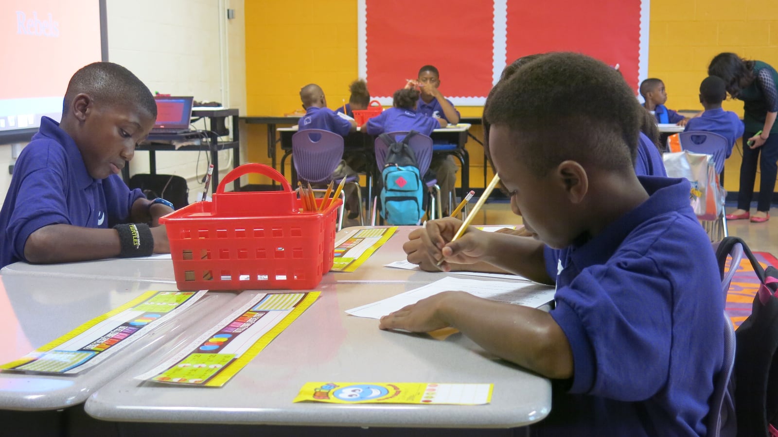 Jonathon Verry and Trumaine Gholson in a math class at Aspire's new school at Coleman Elementary.