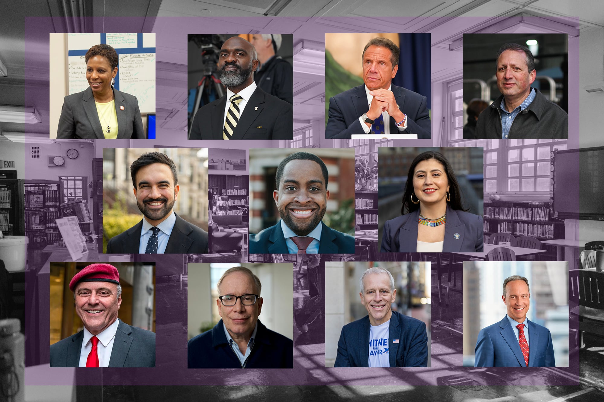 Eleven square portraits on top of a purple transparent background with a black and white school library photo.