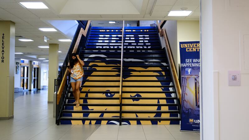 A student walks down a set of stairs with a bear painted on the stairs.