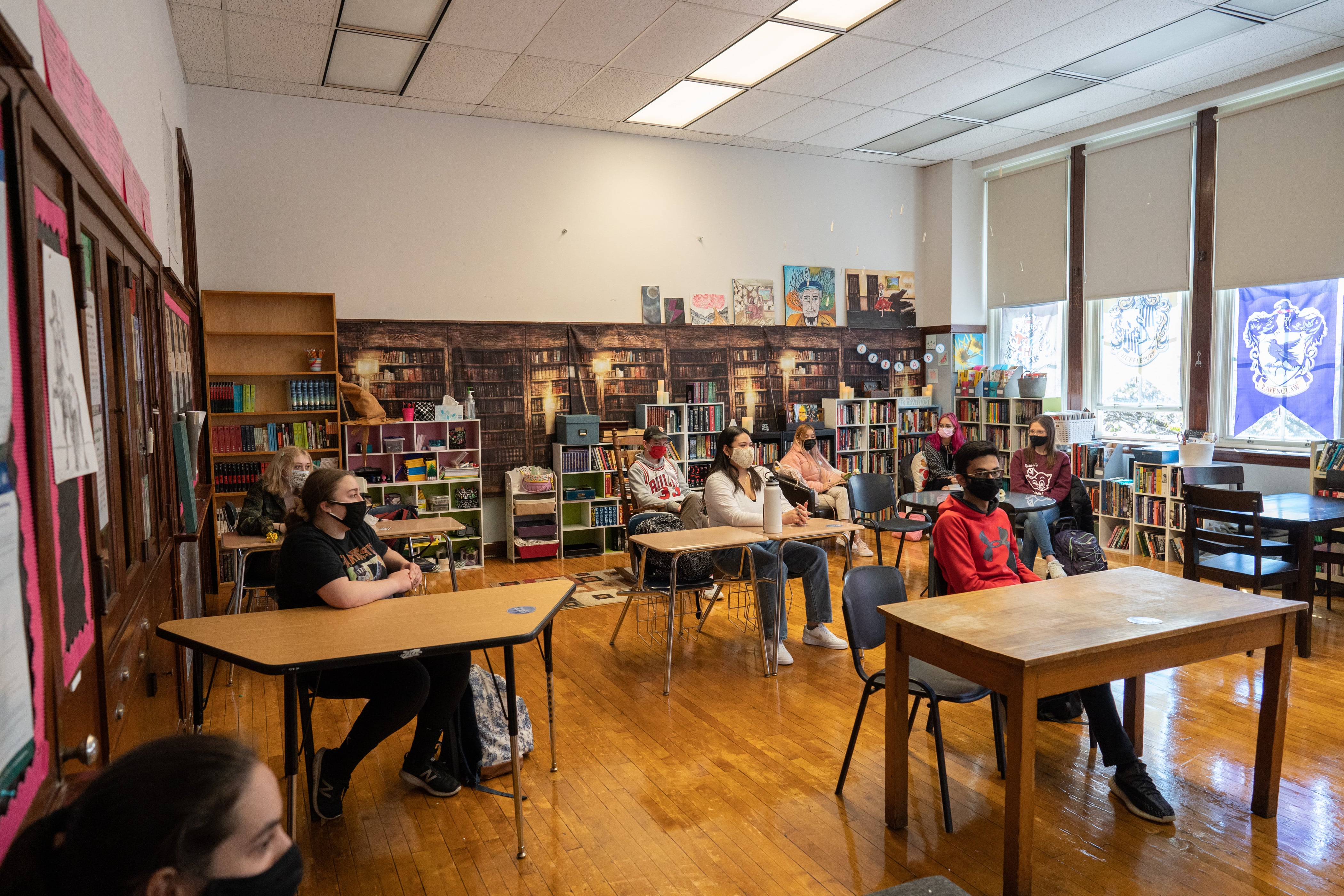 Senn High School students share which colleges they will be attending during English class on the first week back to classrooms on April 23, 2021.