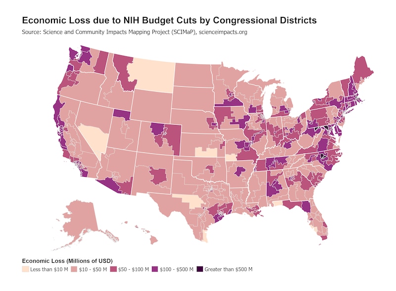 A map of the United States with varying shades of orange, red, and purple to show the projected impact of NIH budget cuts in 2026.