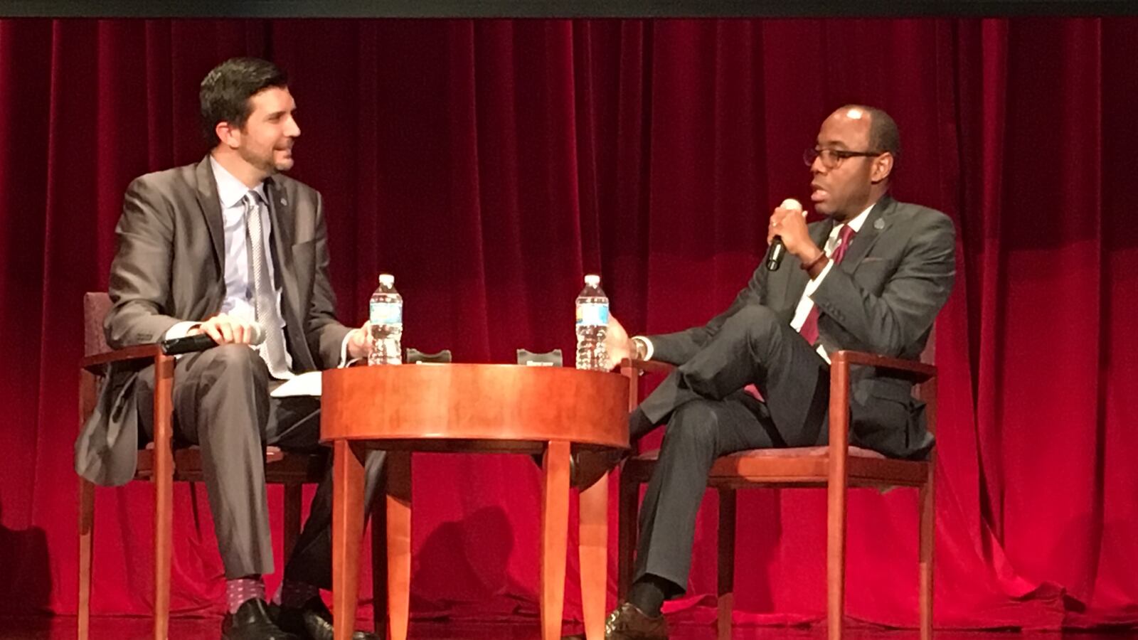 NAACP President Cornell Brooks (right) talks with the Presidio Institute's David Smith at NYU Wednesday night.