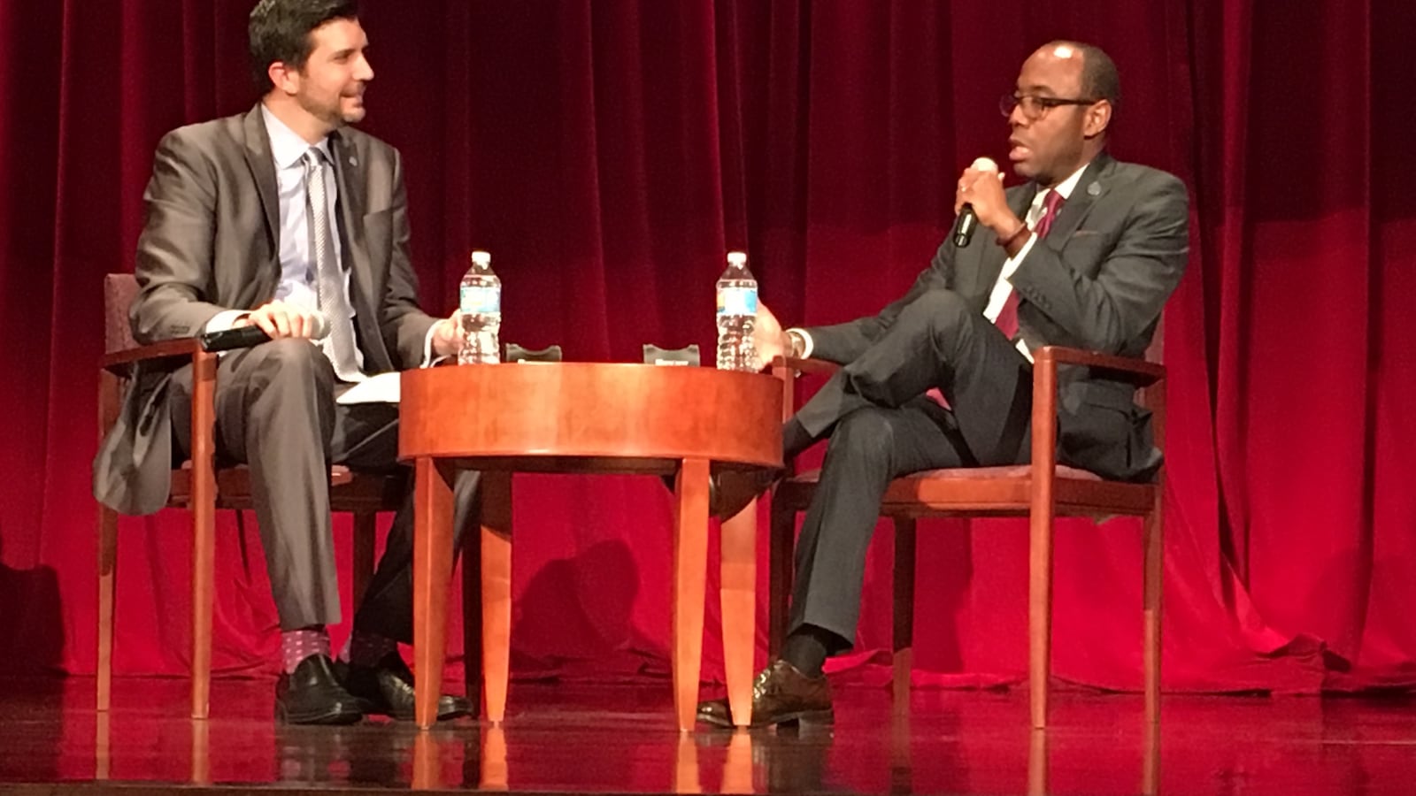 NAACP President Cornell Brooks (right) talks with the Presidio Institute's David Smith at NYU Wednesday night.