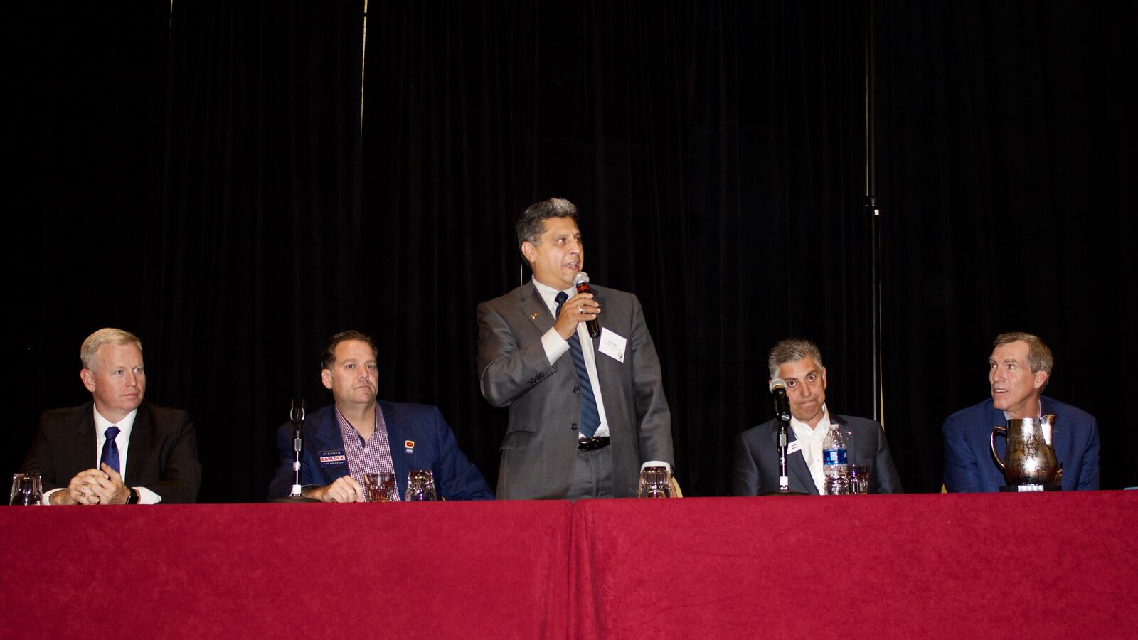 Colorado Republicans running for governor addressed some of the state's school board members at a forum hosted by the state's association of school boards. From left are George Brauchler, Steve Barlock, Greg Lopez, Victor Mitchell and Doug Robinson. (Photo by Nic Garcia/Chalkbeat)