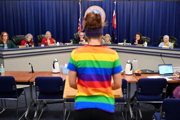 A person wearing a rainbow T-shirt and their hair up in bun stands and gives testimony in front of the Colorado State Board of Education. The person’s back is to the camera.