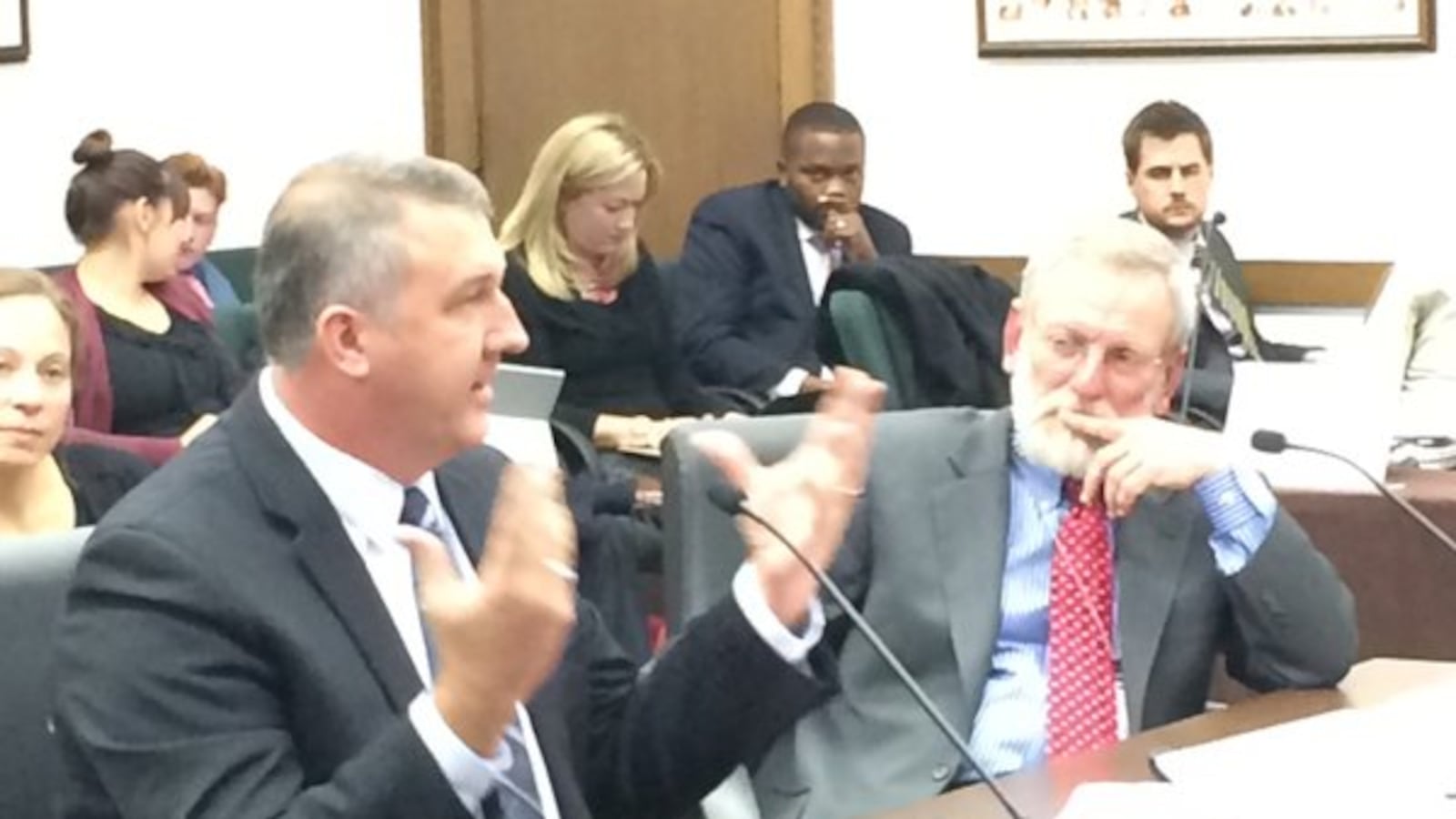 Richard Crandall (left) makes a cameo appearance before the state's joint education committee (Todd Engdahl/Chalkbeat).