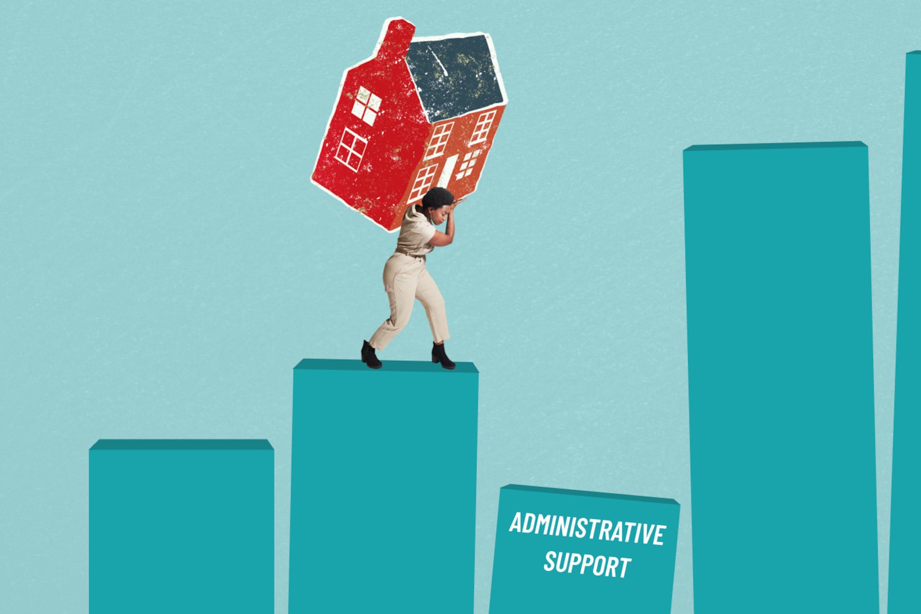 A teacher carrying a school on her back balancing on a pillar. The next pillar for her to step onto is too far down to reach and labeled “Administrative Support”.