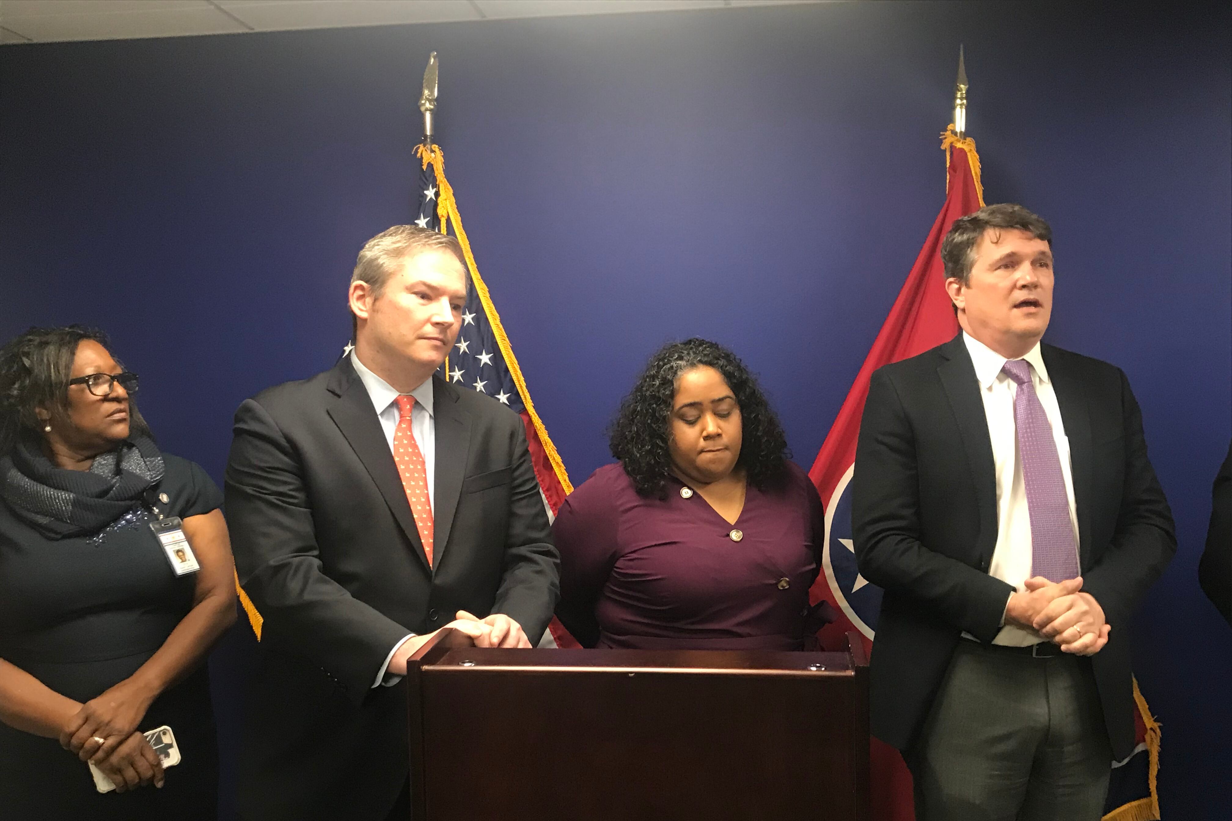 Democratic legislative leaders discuss the governor’s voucher and charter initiatives during a news conference. From left are Rep. Karen Camper of Memphis, Sen. Jeff Yarbro of Nashville, Sen. Raumesh Akbari of Memphis, and Rep. Mike Stewart of Nashville. (Photo by Marta W. Aldrich)
