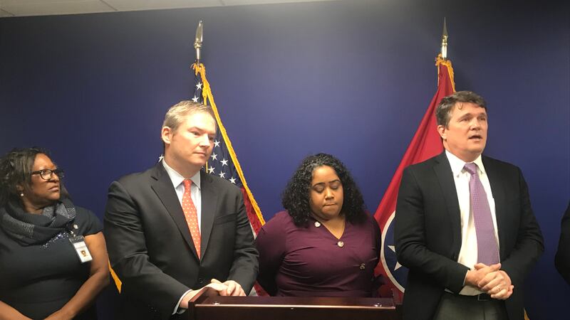 Democratic legislative leaders discuss the governor’s voucher and charter initiatives during a news conference. From left are Rep. Karen Camper of Memphis, Sen. Jeff Yarbro of Nashville, Sen. Raumesh Akbari of Memphis, and Rep. Mike Stewart of Nashville. (Photo by Marta W. Aldrich)