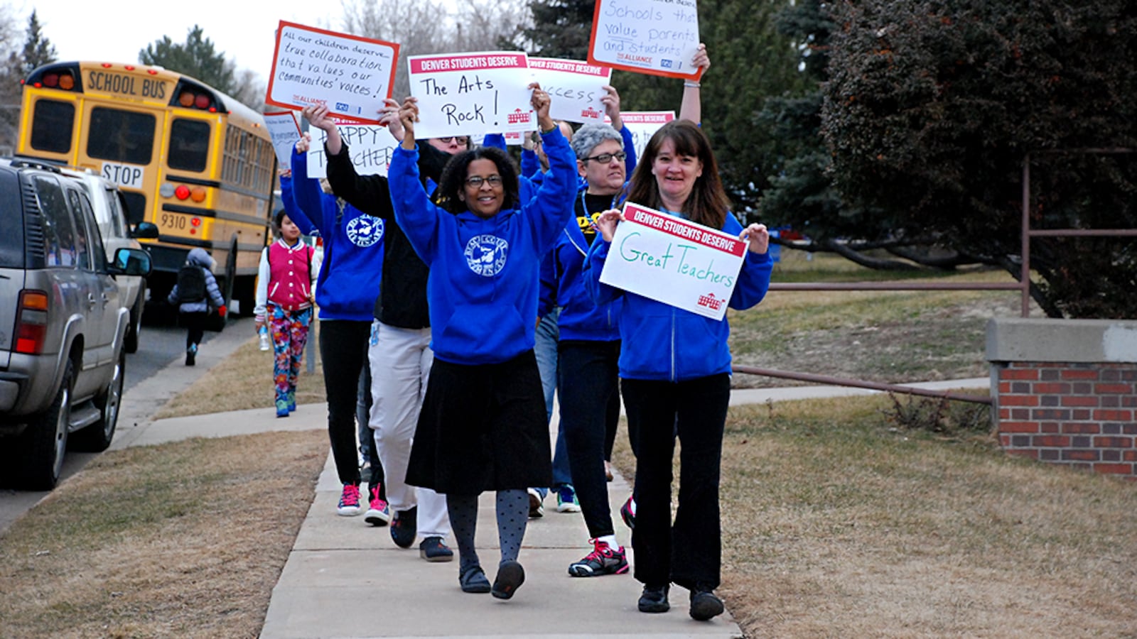 Teachers at Beach Court Elementary School in northwest Denver marched outside their school Wednesday morning. They were met by a group of parents. The rally was part of a nationwide effort to bring attention to public schools.
