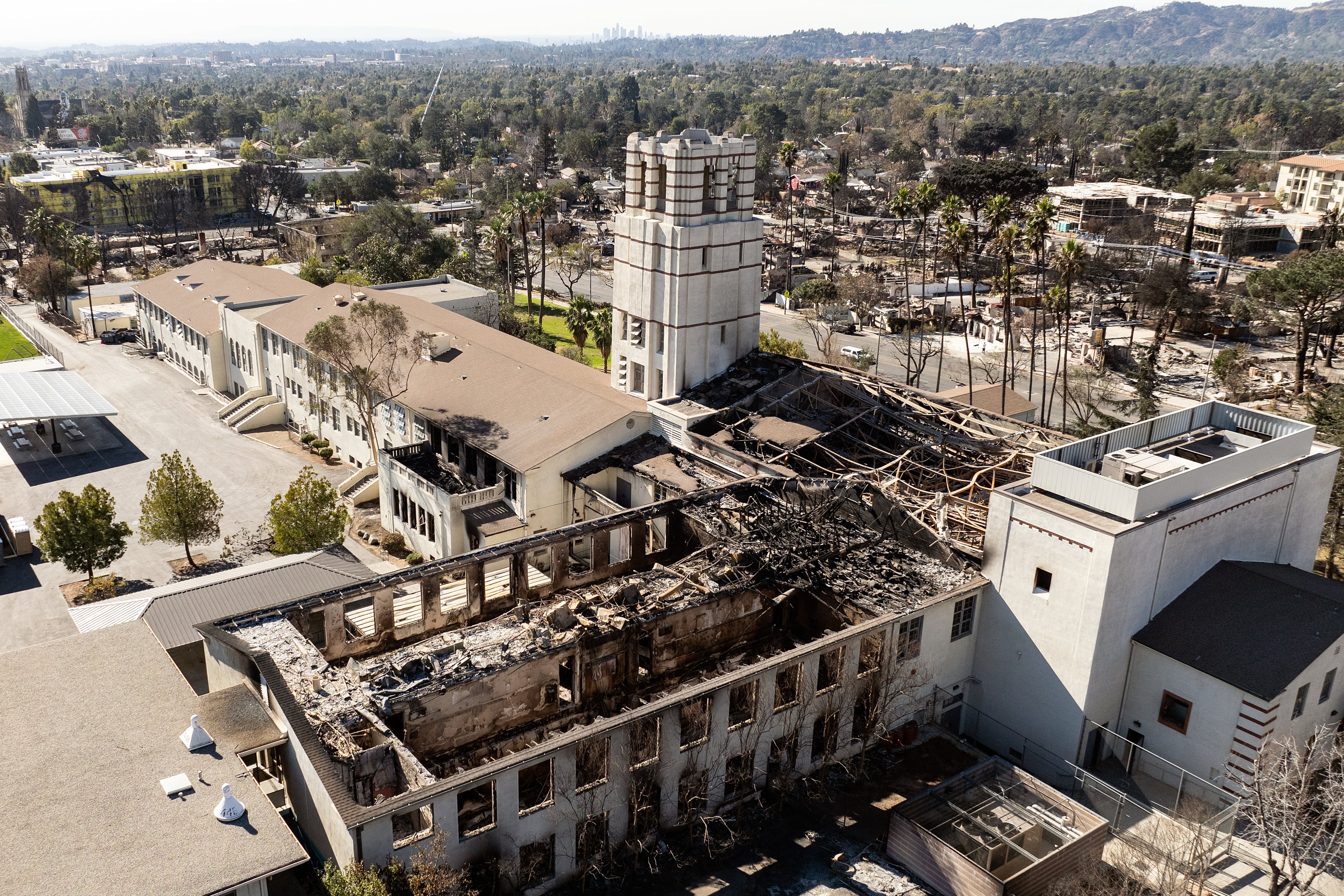 In this aerial view, Eliot Arts Magnet Middle School is seen after burning during the Eaton fire in the Altadena area of Los Angeles county, California on January 21, 2025.
