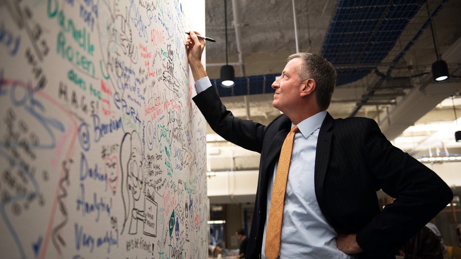 Mayor Bill de Blasio, at a drawing board.