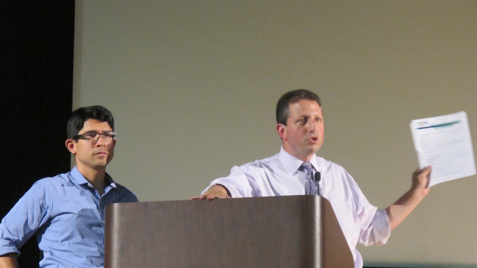 City Council members Carlos Menchaca (left) and Brad Lander hosted a parents forum in 2014 to discuss diversity in schools.
