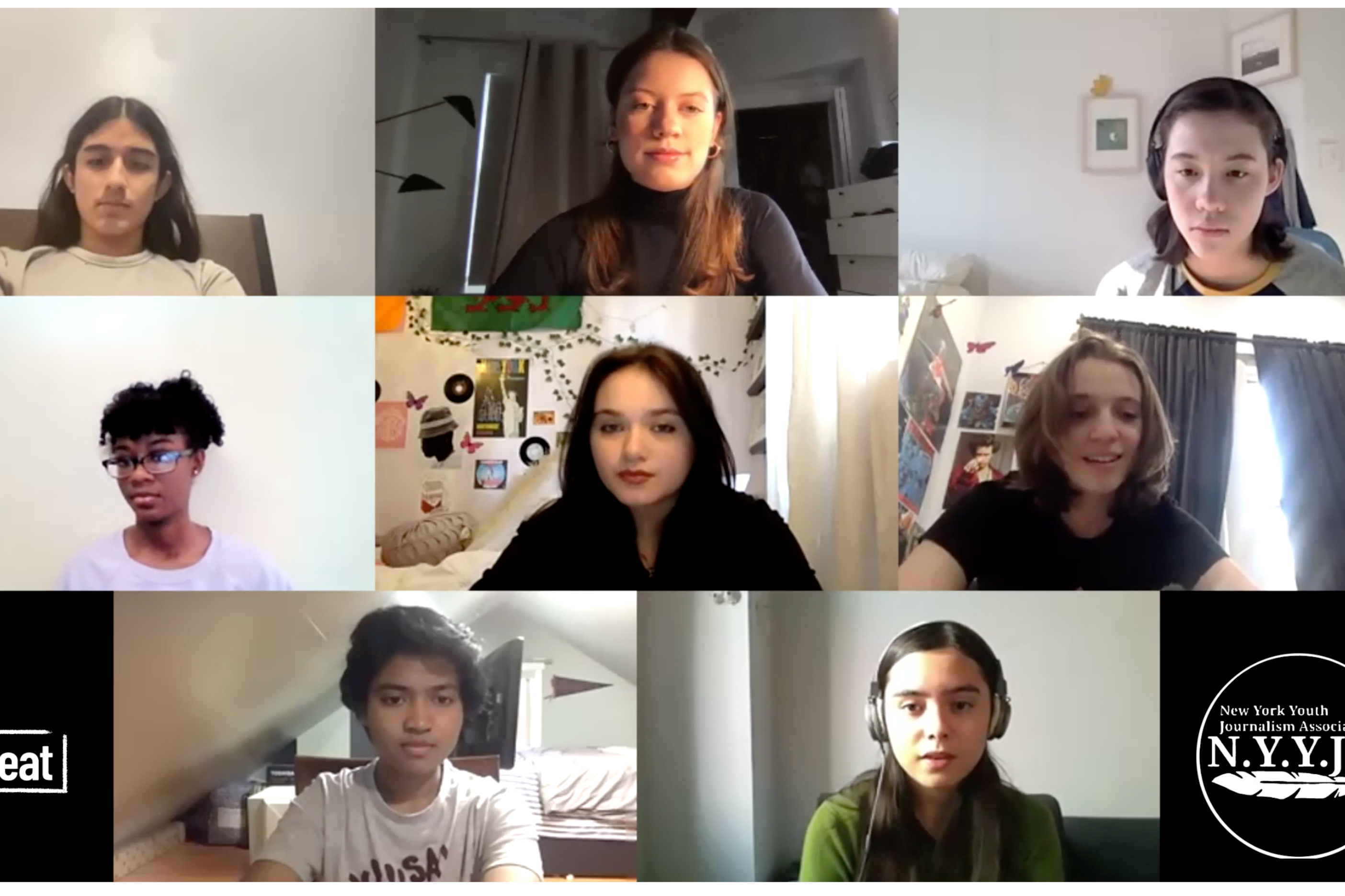 A screenshot of a Zoom call with students. Top row, left to right: Joshua Araujo, Mia Sullivan, Cayla Kushner. Middle row: Makeda Byfield, Polly Gilmore, Dempsey Miller. Bottom row: Jahin Rahman, Lucia Tsurumaki.