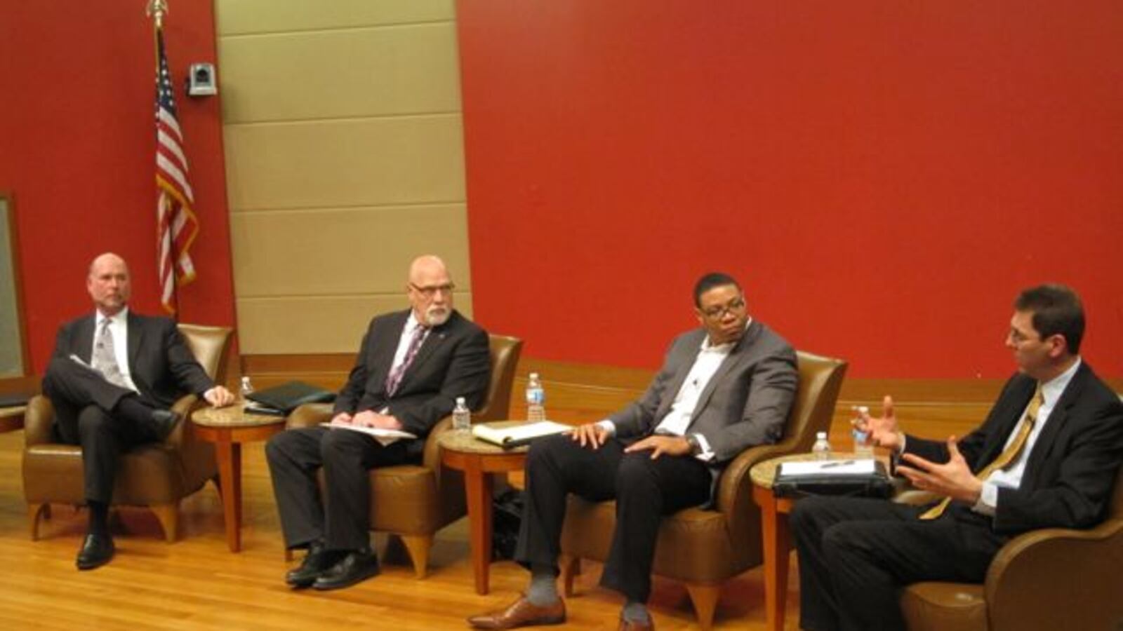 Indiana House Speaker Brian Bosma, House Ways and Means Committee Chairman Tim Brown, Indianapolis Public Schools Superintendent Lewis Ferebee and Northwest Allen County Schools Superintendent Chris Himsel participated in a January forum on school funding organized by Chalkbeat.