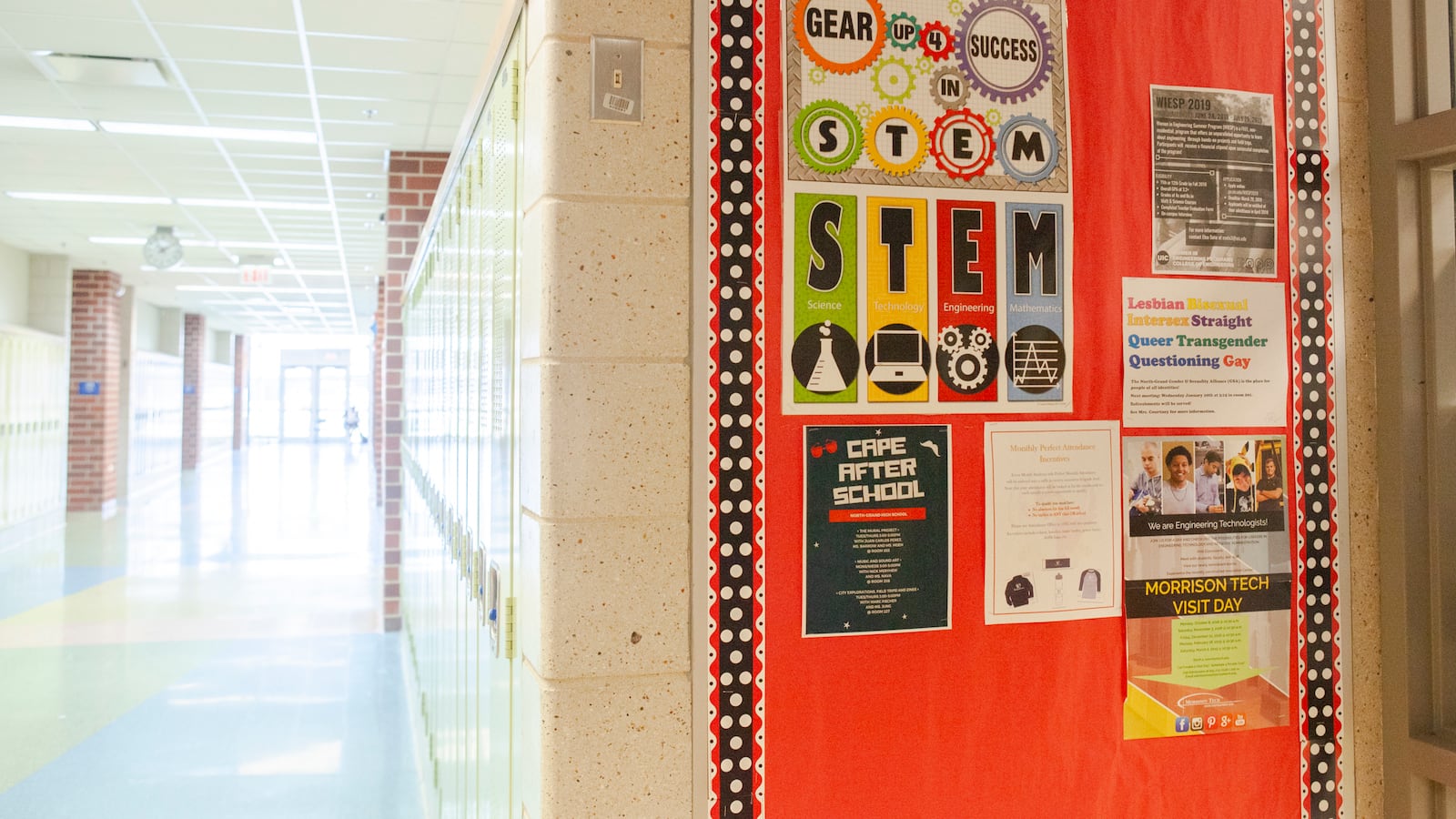 STEM posters hang on a wall in May 2019 at North-Grand High School in Chicago.