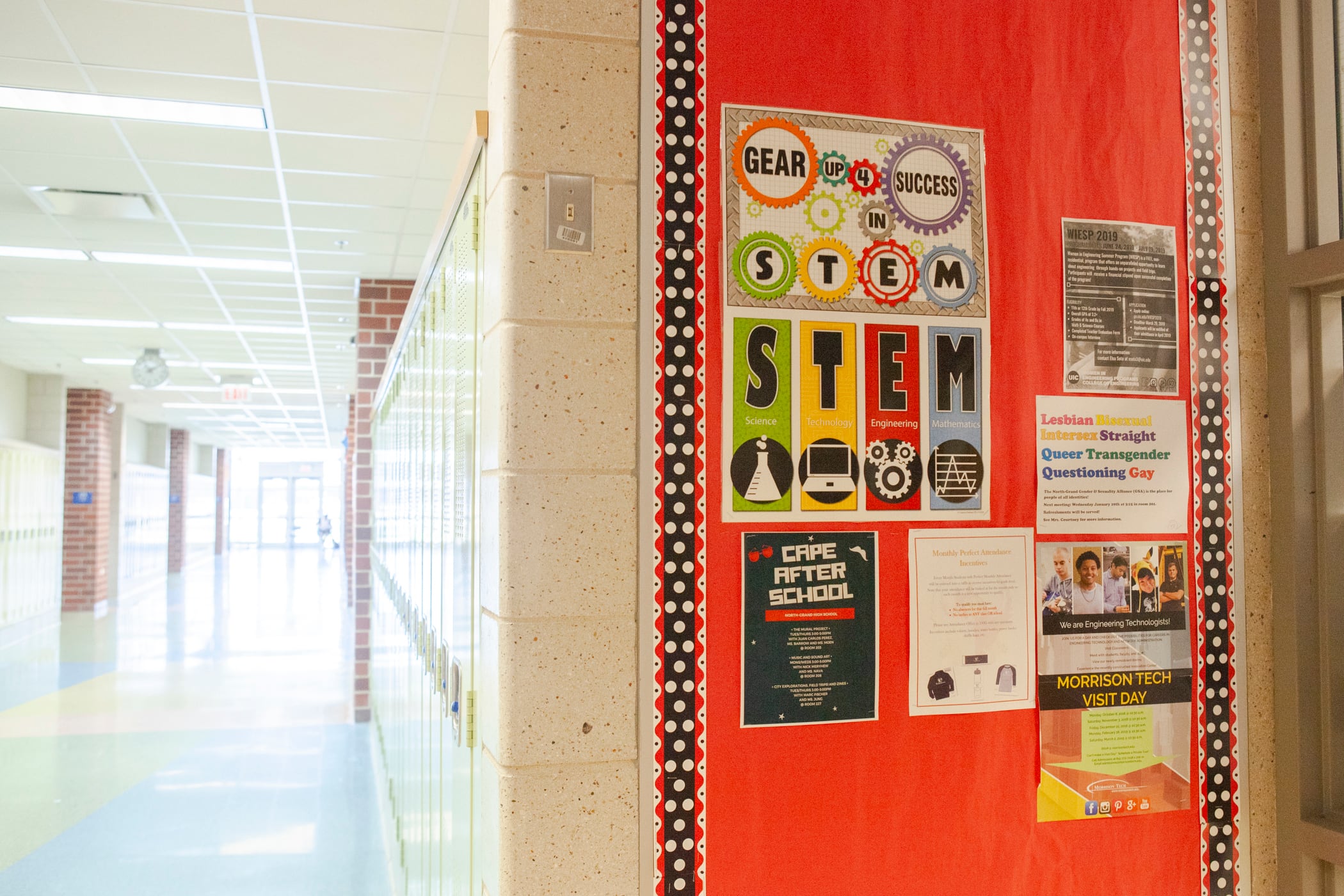 STEM posters hang on a wall in May 2019 at North-Grand High School in Chicago.