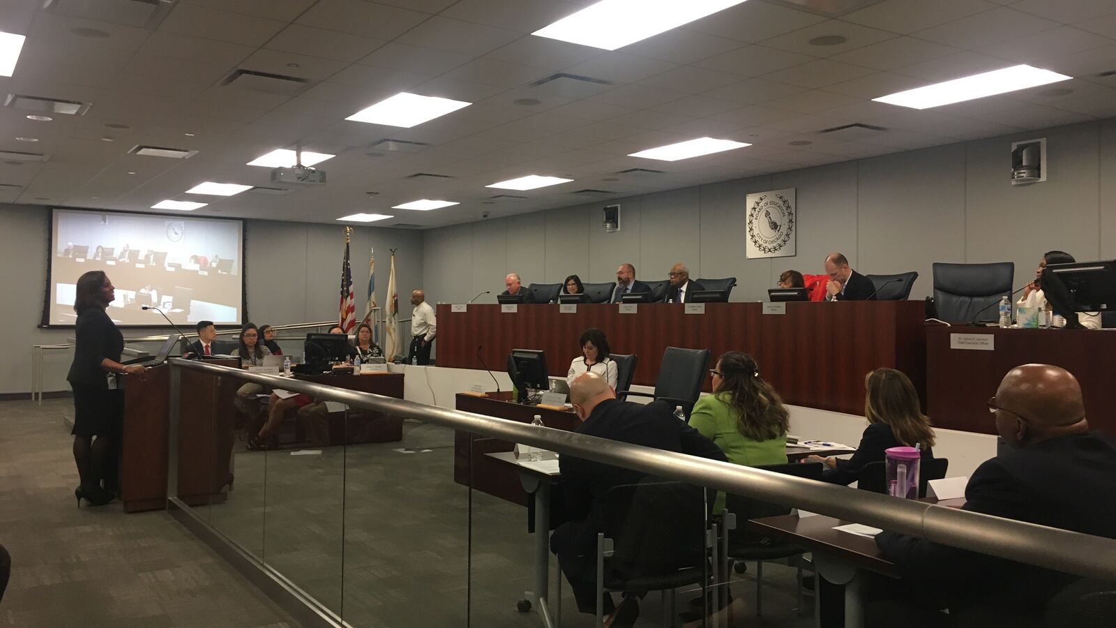 LaTanya McDade, the chief academic officer of Chicago Public Schools, speaks to the board on May 22, 2019.