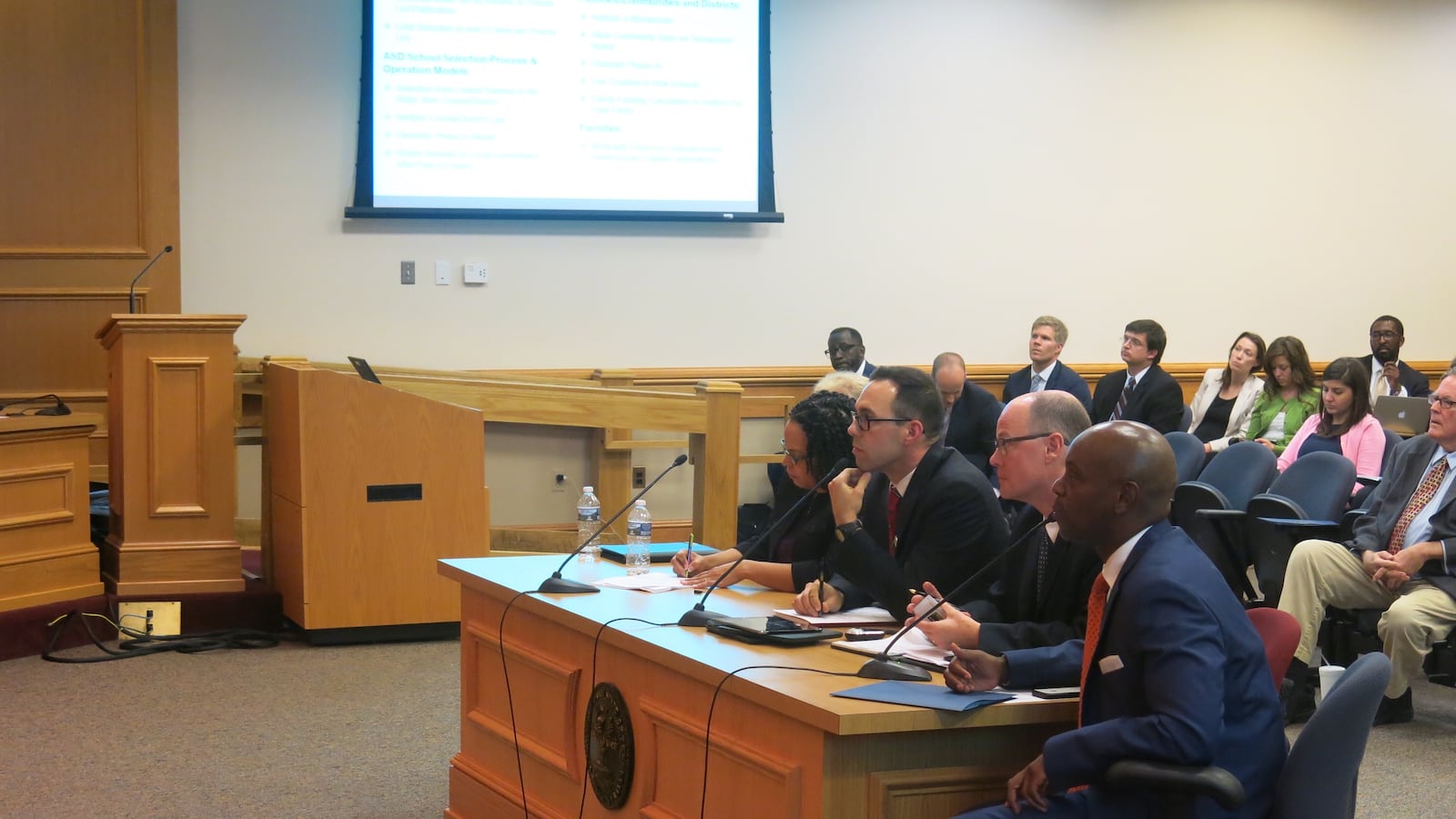 Achievement School District superintendent Malika Anderson, Shelby County Schools chief of innovation officer Brad Leon, Nashville attorney Mark North, and Shelby County Schools superintendent Dorsey Hopson answer questions about school turnaround at the House education committees' summer study.
