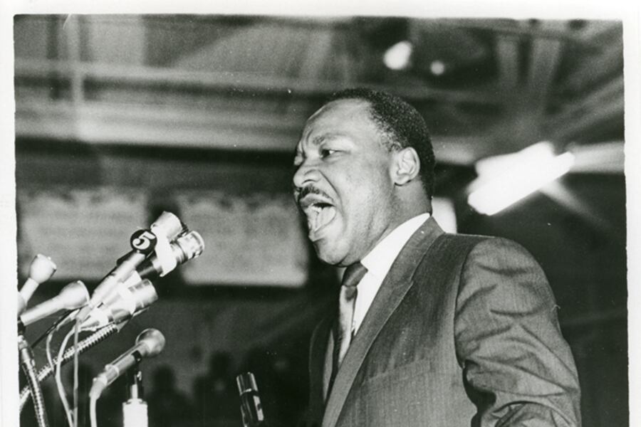 The Rev. Martin Luther King Jr. speaks to a mass rally in Memphis on April 3, 1968, one day before his assassination.