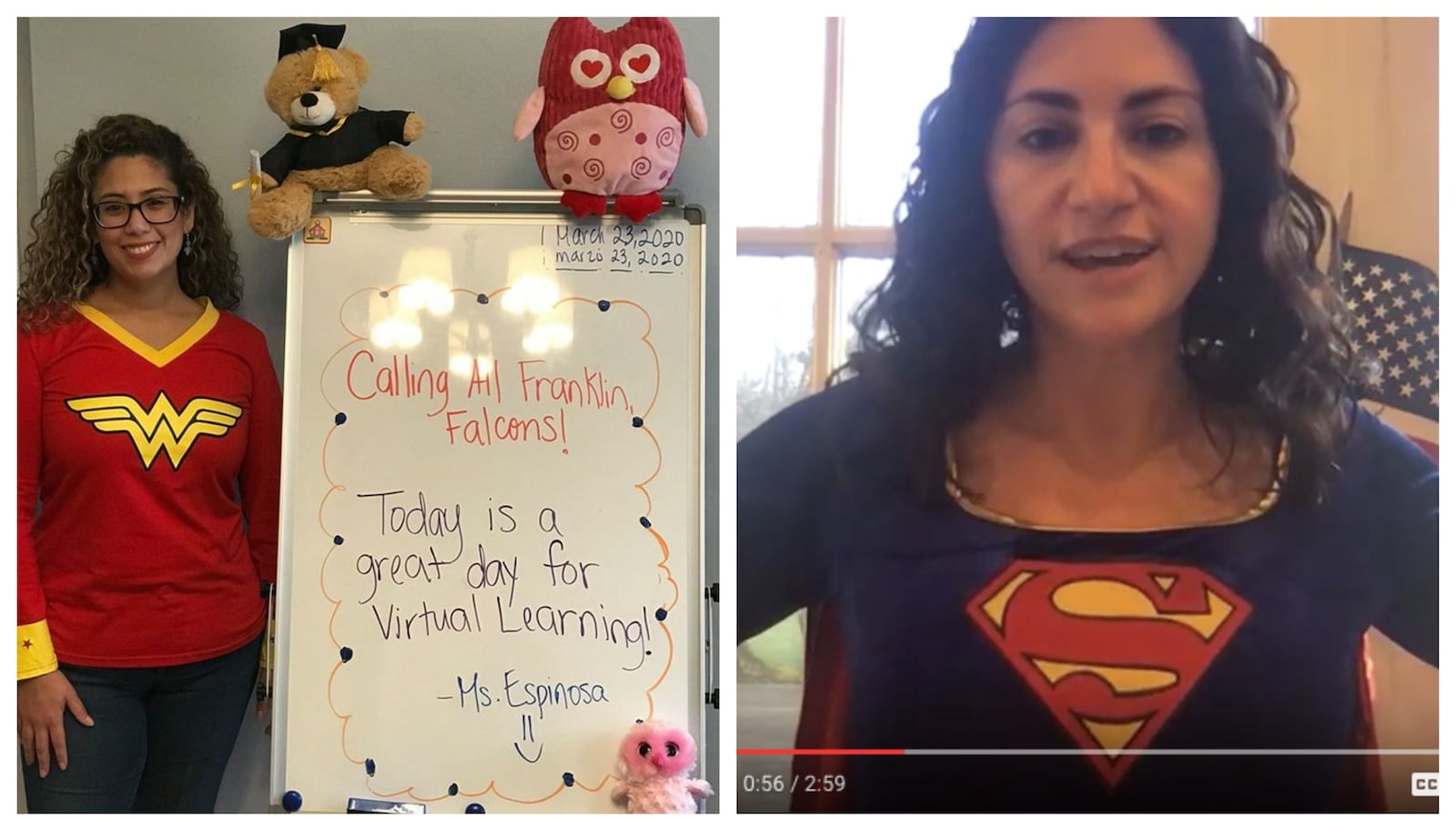 To celebrate "Virtual Learning Spirit Week" at Franklin School, fourth-grade teacher Maria Espinosa (left) and Principal Amy Panitch dressed up as superheroes.