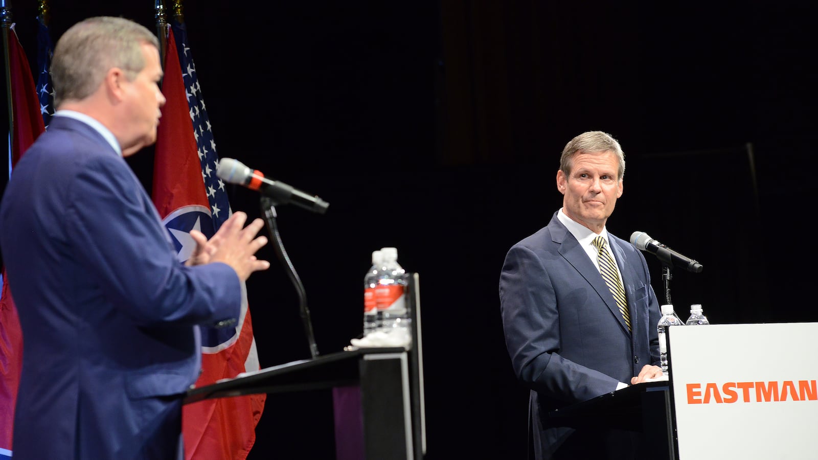 Democrat Karl Dean makes his point as Republican Bill Lee listens during their Oct. 9 gubernatorial debate in Kingsport. The candidates' third and final debate will be on Oct. 12 in Nashville.