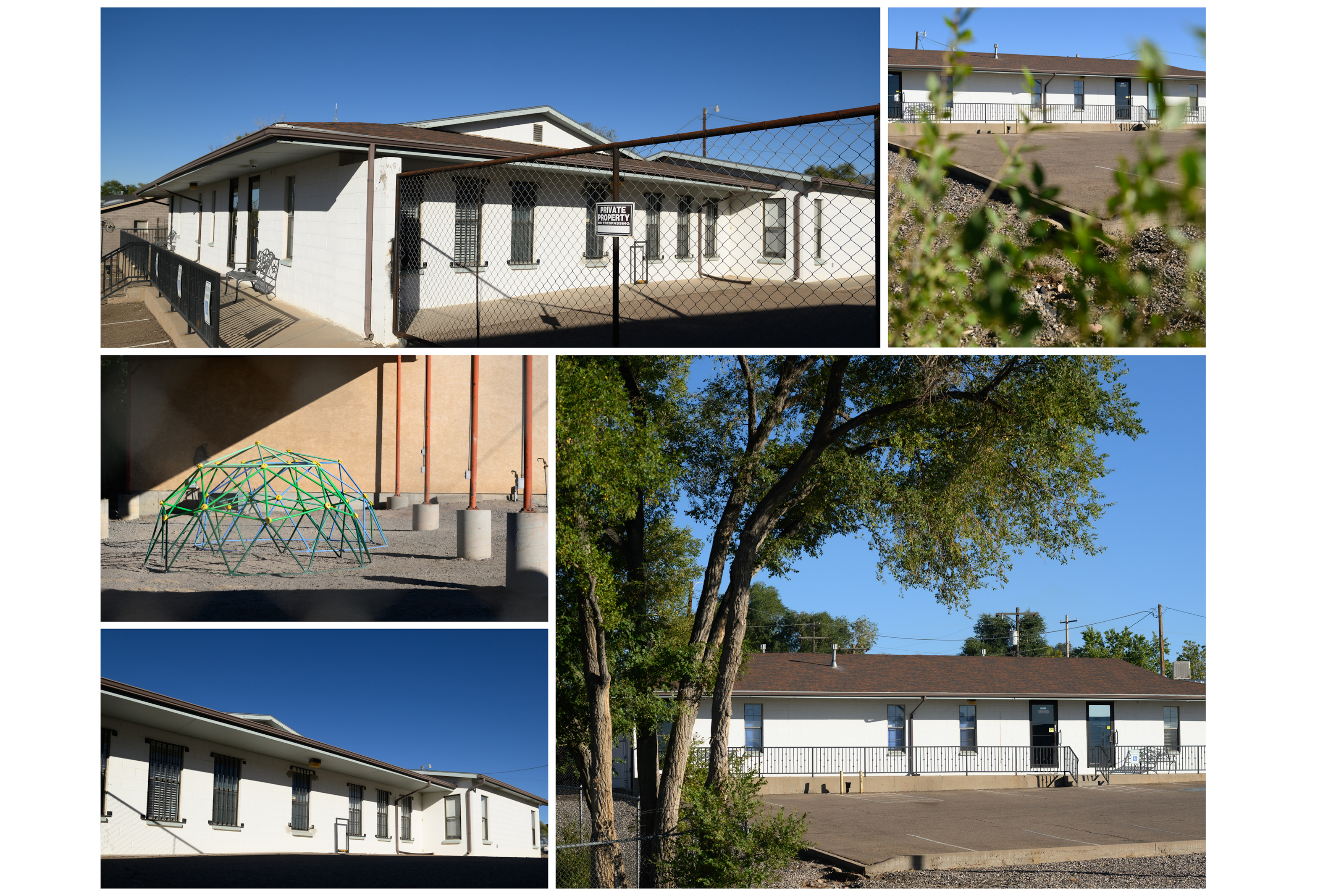 A collage of five images of a school building and a playground.