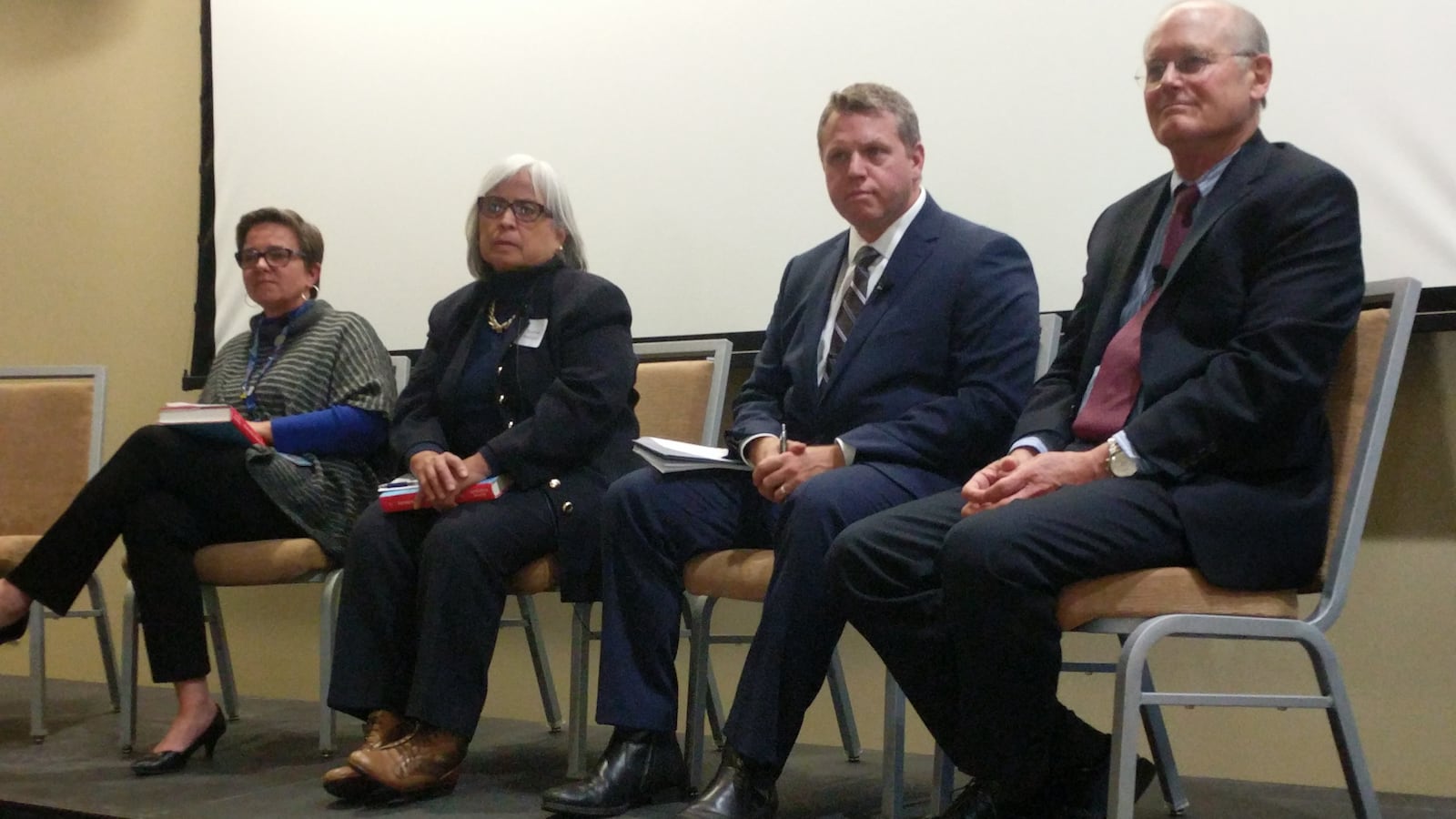 Jennifer Holladay of Denver Public Schools, school board member Rosemary Rodriguez, Jeffco Superintendent Jason Glass and author David Osborne