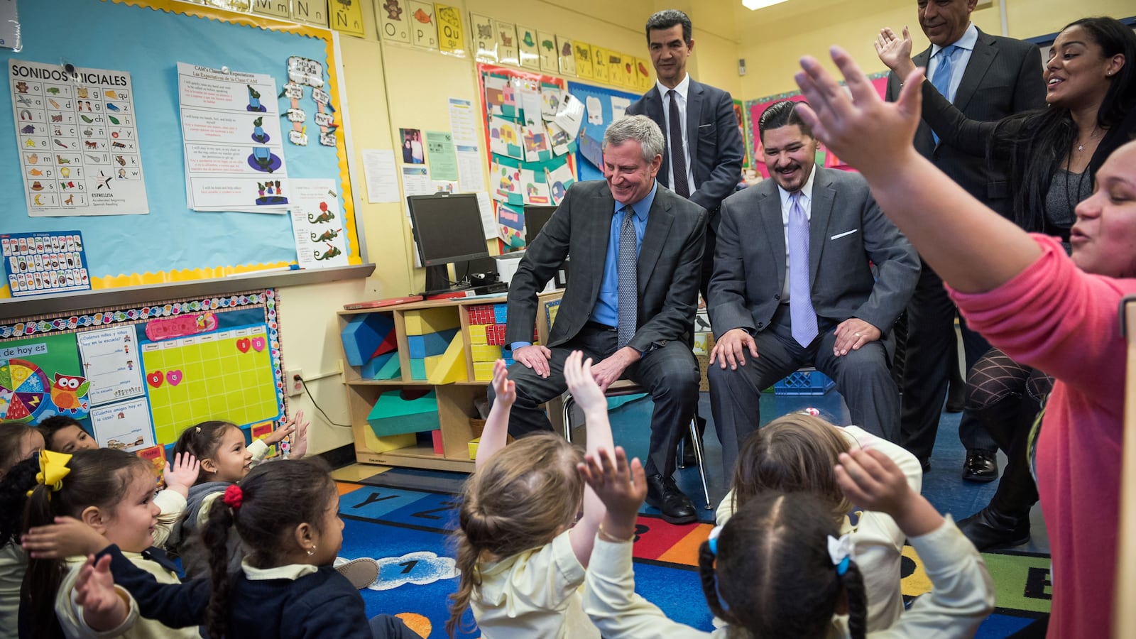 Mayor Bill de Blasio, left front, is widely expected to run for the White House and make pre-K a central selling point of his campaign.